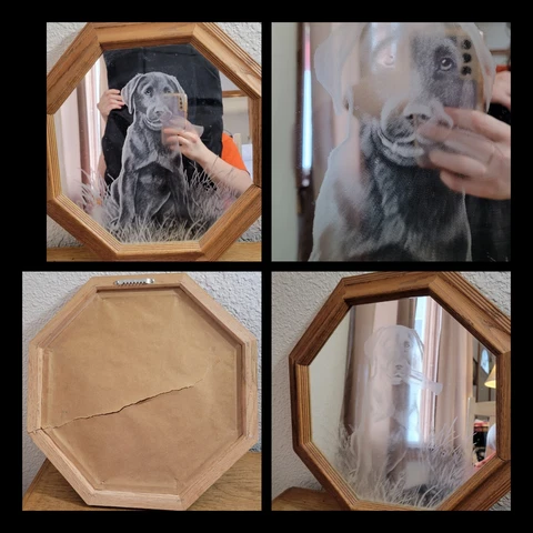 Vtg Octagon Red Oak Wood Frame USA Etched Mirror Hunting Dog 15" Home Wall Decor Cover