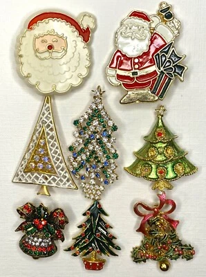 Винтажный и современный лот из 8 рождественских брошей булавки со стразами деревья колокольчики Санты изящный - Изображение 1 из 4