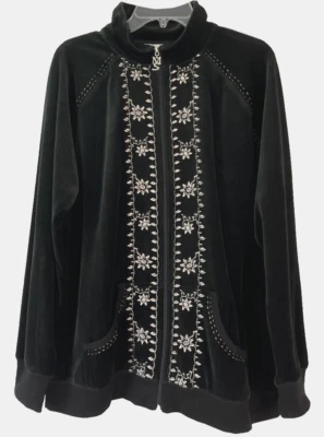 Maggie Sweet Sport Embroidered Velour Jacket PL Black Zip Front Women CC927 - Image 1 of 3