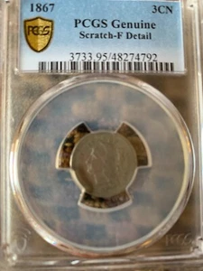 1867 3CN Gold Shied PCGS Genuine Scratch -F Detail - Picture 1 of 5