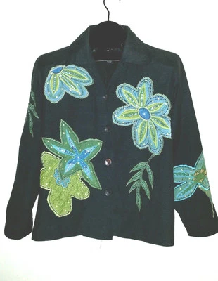 Vintage ELEMENTZ Size S Dress Jacket Sequins Embellished Flower Patches  - Image 1 of 4