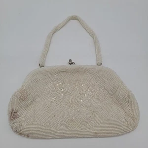 Retro Vintage Beaded Clutch Purse Made in Korea White OffWhite Floral w/ STAINS - Picture 1 of 23