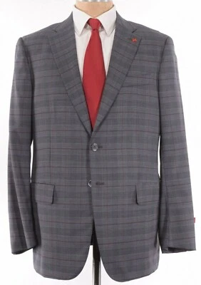 ISAIA NWT Suit Size 44R In Gray W/ Bold Red Plaid Super 140s Wool Base S  - Image 1 of 4