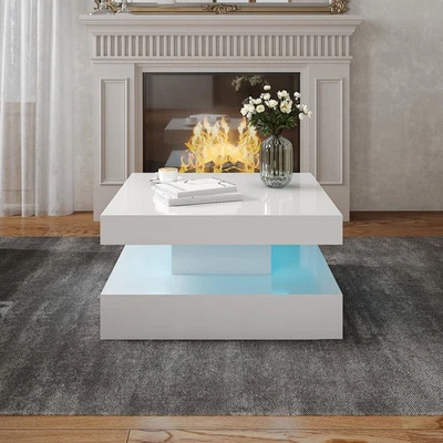 Modern Coffee Table for Living Room Square Side Table LED Light Furniture White - Image 1 of 4