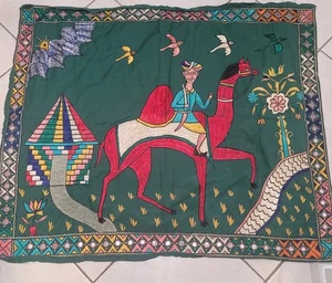 Embroidered Green Tapestry Indian Folk Art Man Riding Camel 33x39 Cotton  - Picture 1 of 9