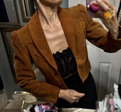 Ms Pioneer Crop Leather Jacket Western 70s Suede Puff Sleeve Heavy XS XXS Rare - Image 1 of 4