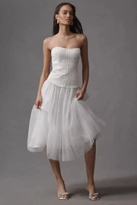 NWT Anthropologi BHLDN Strapless A-Line White Satin TulleSkirt Midi Dress Size M - Picture 1 of 17