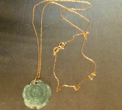 Or Jaune 18 Carats Collier Chaine-Pendentif Jade Fleur-750 18K Rose Pierre Bleue - Photo 1/4