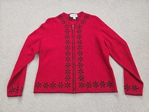 VTG Casual Corner Annex Size X Nordic Snowflake Red Black 100% Wool Zip Cardigan - Picture 1 of 12
