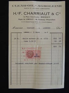 Facture Clear-oil agroleine. huiles Charriaut & ice Bordeaux depot Limoges. 1946 - Picture 1 of 1