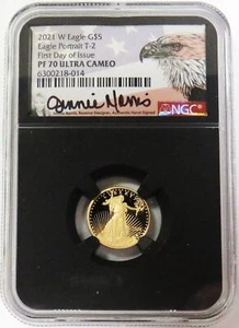 2021 W T-2 GOLD AMERICAN EAGLE $5 NORRIS SIGNED 1/10oz NGC PROOF 70 UC FDOI - Picture 1 of 2