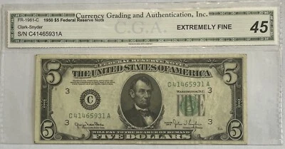1950 $5. EXTREMELY FINE. CLARK/SNYDER. FEDERAL RESERVE NOTE. PHILADELPHIA - Image 1 of 4