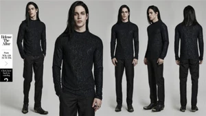 Punk Rave Gótico Negro Sexy Estampado Medieval Prendas para el torso delgado Hombres Mangas Largas Camiseta - Imagen 1 de 18