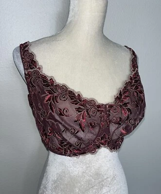 Soma Sensuous Lace Unlined Bra 42DD Sheer Red Embroidered Floral Underwired Sexy - Image 1 of 4