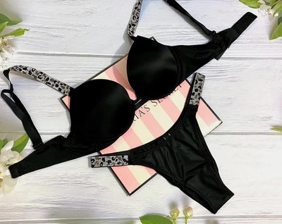 Victoria’s Secret Shine Strap Push-up Bra Brazilian Set Black Leopard 32D-S - Image 1 of 4