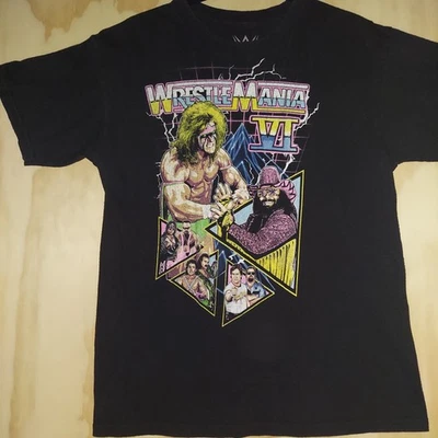 Camiseta Gráfica Wrestle Mania VI Talla Mediana Negra Macho Hombre Bret Hart Lavable Foto 1 de 4