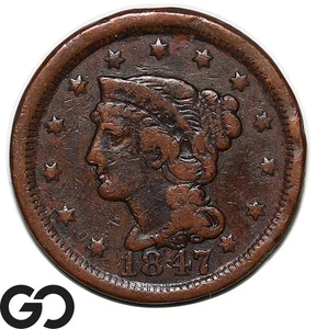 1847 Large Cent, Braided Hair - Picture 1 of 3
