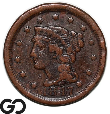 1847 Large Cent, Braided Hair - Image 1 of 3