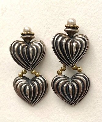 Pendientes colgantes vintage de caviar con corazón de Lagos de perlas de ley y oro de 18 quilates Foto 1 de 4