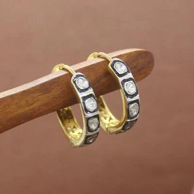 Natural Polki Diamond Hoop Earrings, 925 Silver Earrings, Polki Hoops - Image 1 of 3