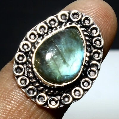 Anel feito à mão de prata 925 sólido pedra preciosa natural labradorita tamanho 5,5 - Imagem 1 de 4