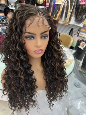 Pelucas delanteras de encaje de onda profunda de 24 pulgadas de largo negras con rubio resaltado estilo trenzado Foto 1 de 3