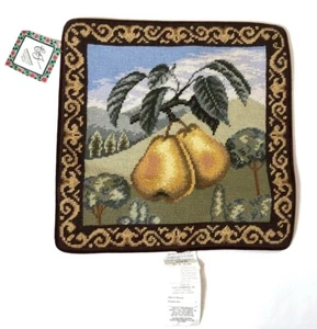 NEW Wool Needlepoint Throw Pillow Cover Pear Fruit Brown Velvet 14" x 14" - Picture 1 of 3