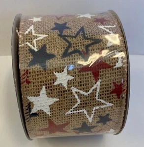 1 spool of burlap ribbon with red, white and blue stars 2.5in x 6 yds wreath bow - Picture 1 of 2
