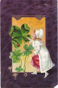 Postcard New Year Greetings Girl Clover Ladybag Horseshoe Embossed Tuck Posted - Imagen 1 de 2