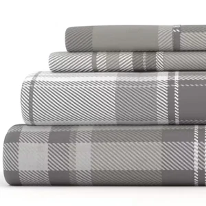 Premium 4 Piece Light Gray Plaid Flannel California King Sheet Set - Picture 1 of 12