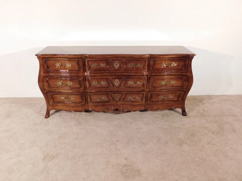 VINTAGE Henredon French Collection Bombe Serpentine 9 Drawer Walnut Long Chest Cover