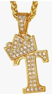 A-5 T LETTER NECKLACE 18K GOLD PLATED CUBIZ ZIRCONIA 23 INCH CHAIN BLING HIP HOP - Picture 1 of 1