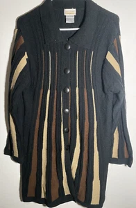 VTG Long Black Brown Tan Sweater Large 70's 80's Button Acrylic Buttons Roamans - Picture 1 of 3
