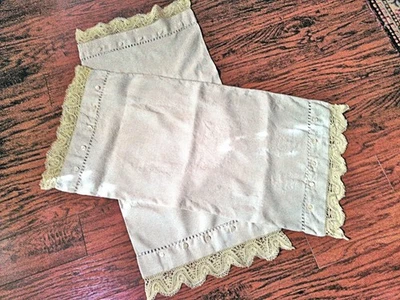 Pair Vtg Bolster Pillowcases 37" Wt Linen Handmade Lace Button Close - Image 1 of 4