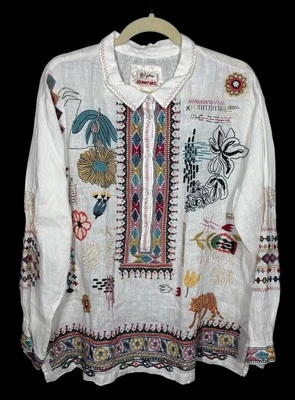 Johnny Was M Simmie Blouse Ivory Linen Oversized Shirt Embroidered Button Shirt - Image 1 of 4