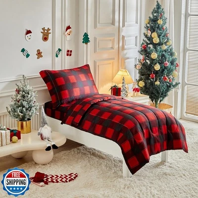 Juego de cama de Navidad para niños pequeños para niños niñas rojo negro a cuadros guinga vacaciones  Foto 1 de 4