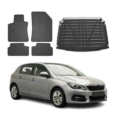 OMAC Fußmatten & Kofferraumwanne Set für Peugeot 308 2014-2021 Gummi TPE Schwarz 5x