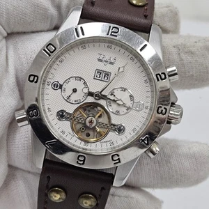 Trias Automatic Open Heart Stainless Steel Leather Day/Date Men's Wrist Watch - Picture 1 of 13