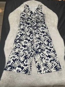 Signature Floral Romper Womens Size 10 Linen V Neck Wide Leg Jumpsuit Palazzo - Picture 1 of 10