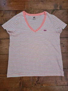 Levi's Women's T-Shirt Size M/12 Peach Grey Blue White Stripe V Neck Cotton Nwot - Picture 1 of 4