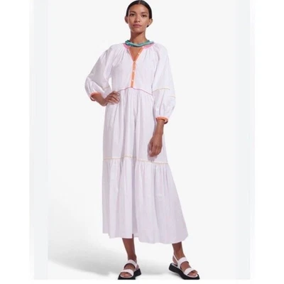 $345 STAUD Demi Dress Womens Large White Poplin Rainbow Tiered Maxi Lined Cotton - Image 1 of 4