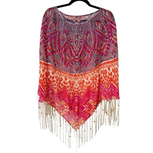 Chico's Phoebe Poncho Linen Semi Sheer Beaded Fringe Southwestern Cowgirl Sz OS - Picture 1 of 7