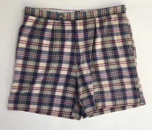 VTG 80s IZOD LACOSTE Madras 100% Cotton Plaid Shorts 36/7" Pleated Zip Fly - Picture 1 of 7