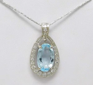 14 kt White Gold Oval Shaped Natural Aquamarine & Halo Diamond Pendant B6402 - Picture 1 of 6