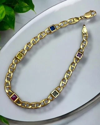 "Brazalete de cadena de eslabones marineros de cinco piedras preciosas de 7,75"" de oro macizo de 14K ¡BELLEZA! Foto 1 de 4
