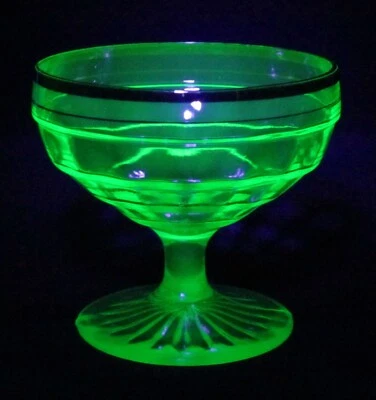 Uranium Glass Hocking Block Optic Green with Gold Trim Blown Ftd Sherbet UV GLOW - Image 1 of 2