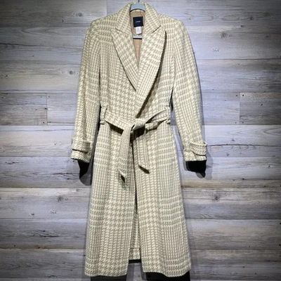 J Crew Tweed Wool Houndstooth Belted Long Coat Size 6 Cream Tan Old Money Classy - Image 1 of 4
