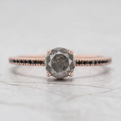 Anel de presente de noivado de ouro rosa 14K com diamante corte rosa sal e pimenta 0,87 quilates - Imagem 1 de 4