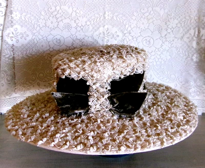 Sombrero de mujer vintage beige crema paja rafia ala ancha con cinta de terciopelo hecho en unión Foto 1 de 4