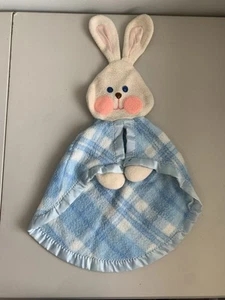 Vintage Fisher Price 1979 Rabbit Bunny Blue Plaid Lovey Security Blanket Rare - Picture 1 of 12